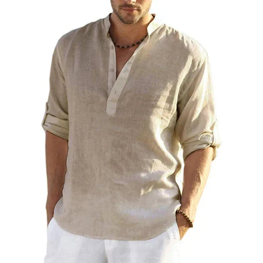 Lomerio | Heren Bandkraag Shirt - Lange Mouw V-Hals Casual