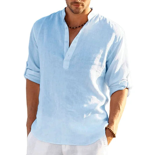 Lomerio | Heren Bandkraag Shirt - Lange Mouw V-Hals Casual